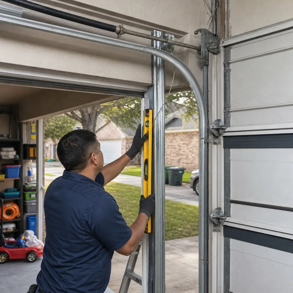 Technician using a spirit level for professional garage door track repair