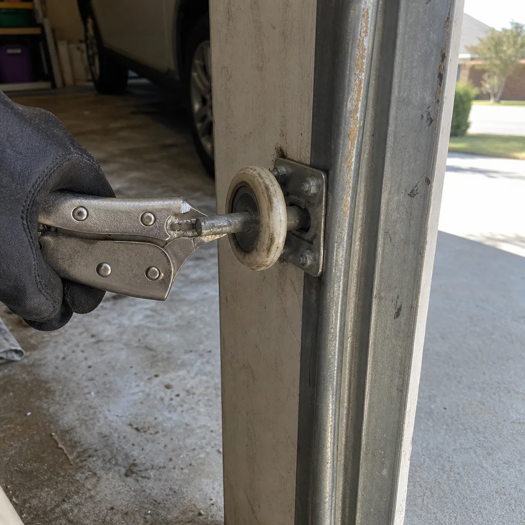 Technician performing professional garage door spring repair and maintenance