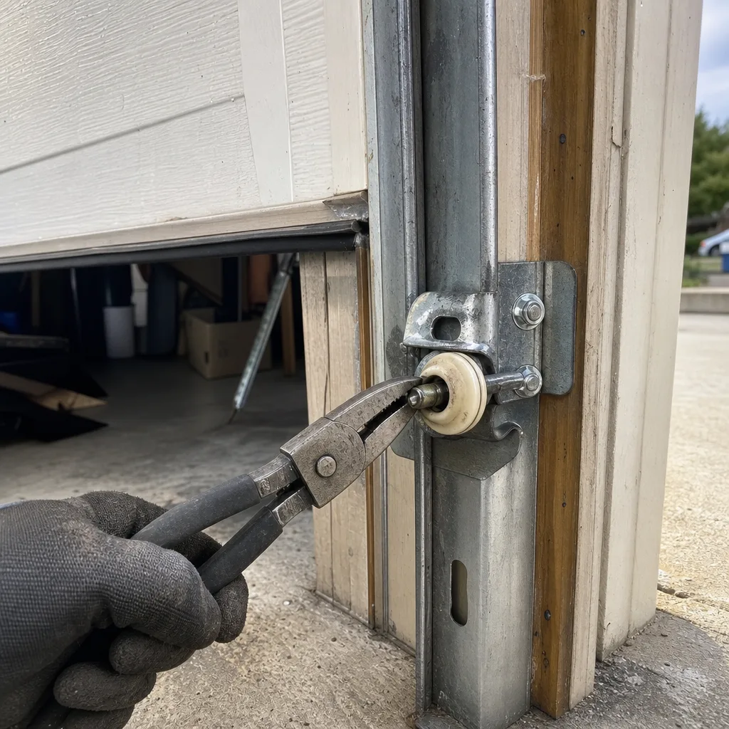Technician repairing garage door roller and track system