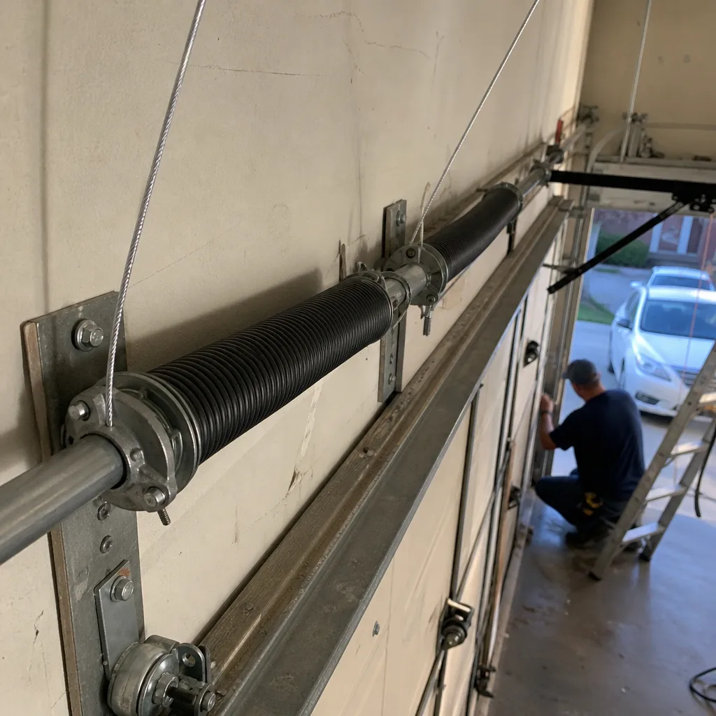 Technician performing professional garage door spring repair and maintenance