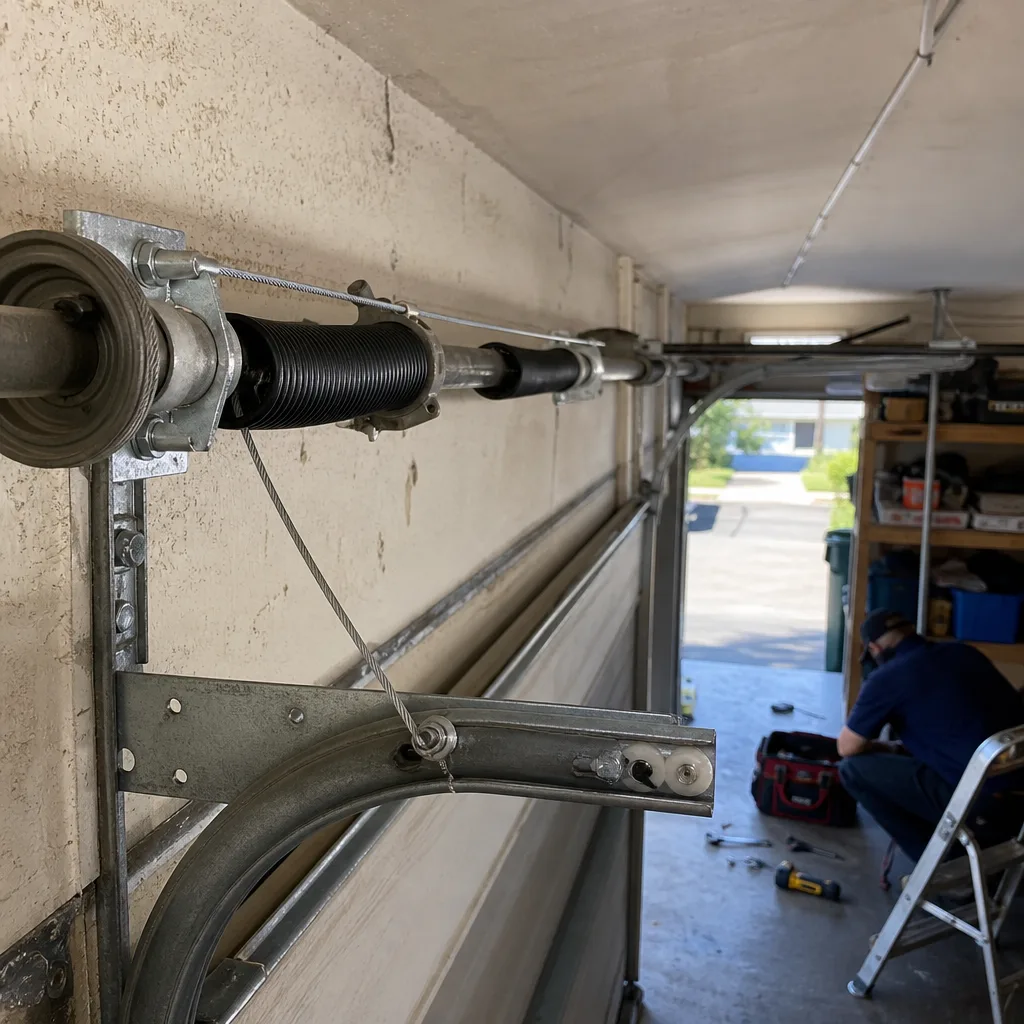 Technician performing professional garage door spring repair services